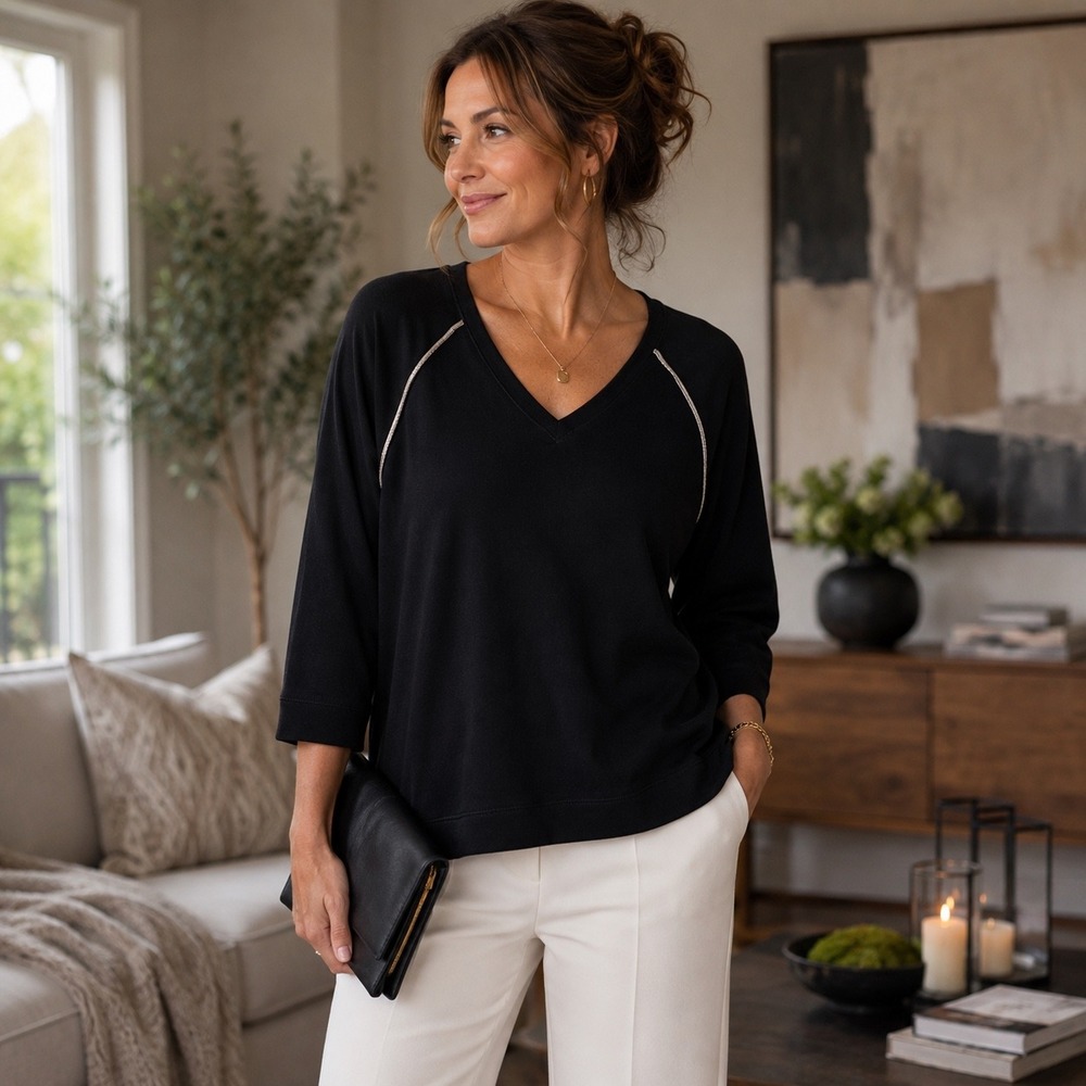 MAGASCHONI WOMAN Black V-Neck Sweatshirt Pullover Top 2X Metallic Trim